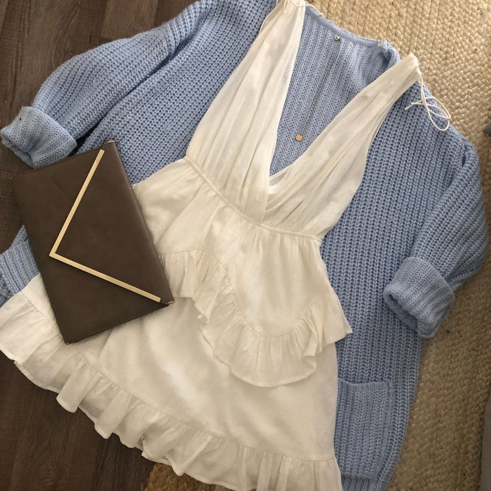 OUTFIT: Dress, Cardigan, Clutch, Necklace